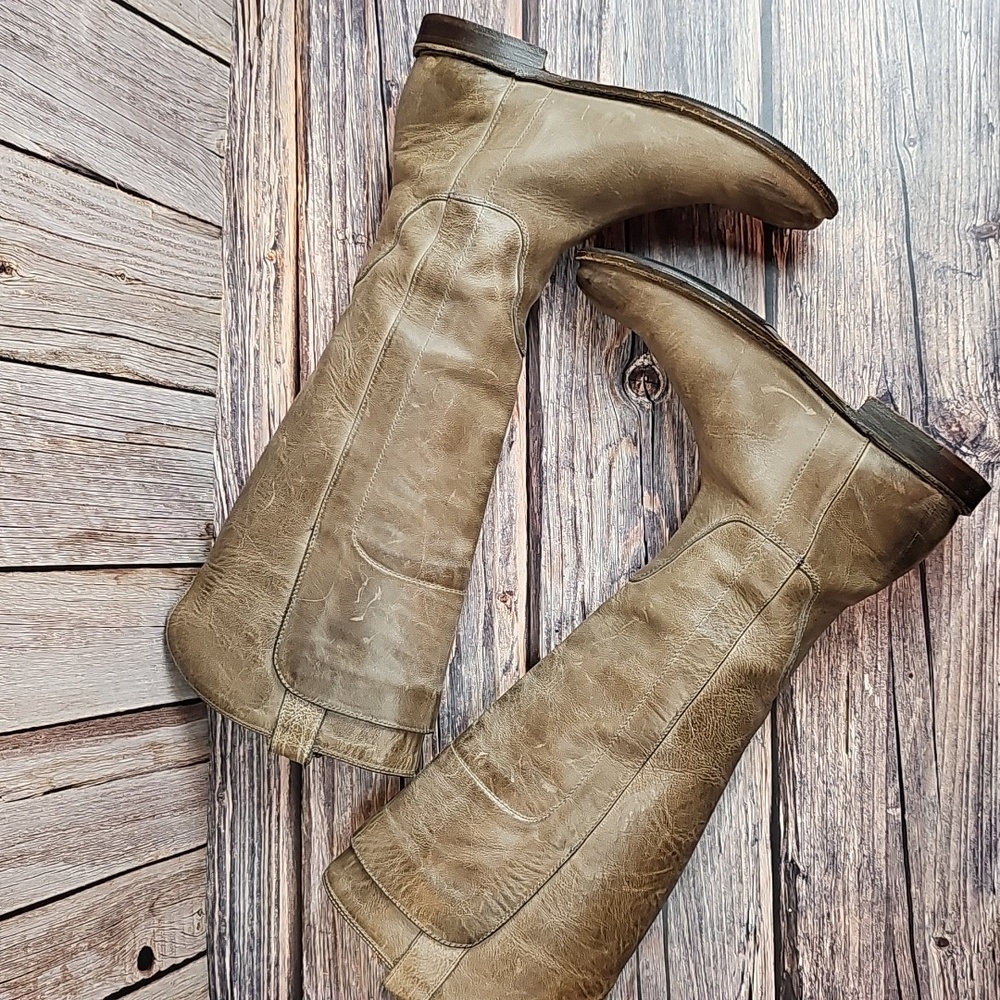 FRYE PAIGE TAUPE LEATHER TALL RIDING BOOTS - Picture 6 of 15